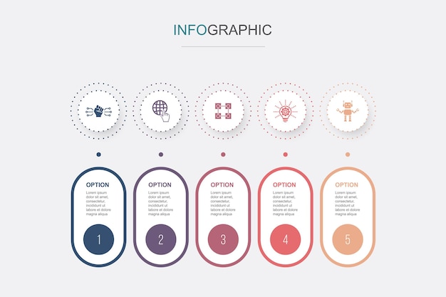 Digitale revolutie internet blockchain innovatie Robotica pictogrammen Infographic ontwerp lay-out ontwerpsjabloon Creatief presentatieconcept met 5 stappen