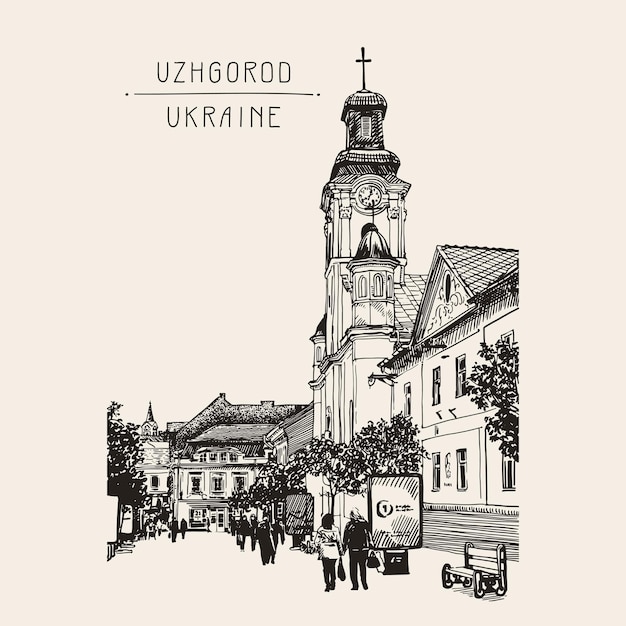 Digitale schets van het stadslandschap van oezjhorod, oekraïne en wandelende mensen
