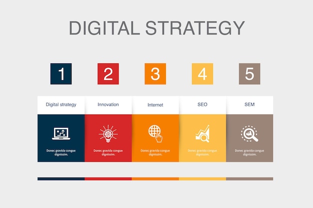 Digitale strategie innovatie internet SEO SEM pictogrammen Infographic lay-out ontwerpsjabloon Creatief presentatieconcept met 5 stappen