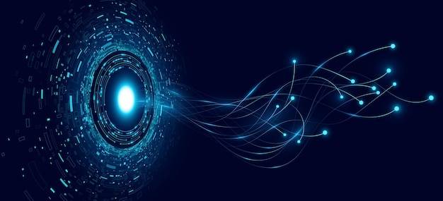 Digitale technologie met een gloeiende cirkelvormige gegevenshub met vloeiende neurale gegevenslijnen