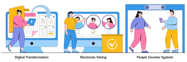 Digitale transformatie elektronisch stemmen mensen tellen systeemconcepten met karakters van mensen digitalisering illustratiepakket papierloze workflowoplossingen die de metafoor van detectie van mensen oproepen