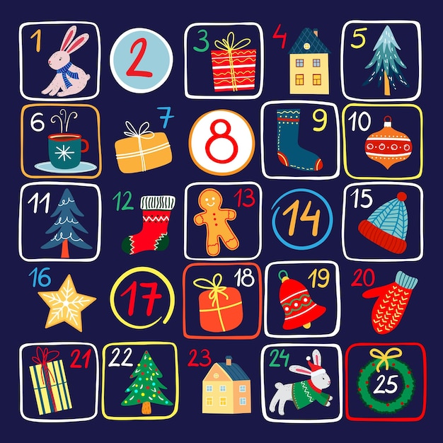 Digitale vector adventskalender met kerstitems Adventskalender voor de kersttijd