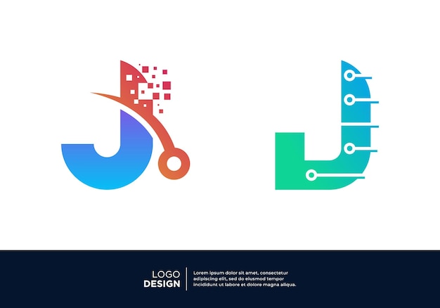 Digitale verbinding letter j logo ontwerp collectie