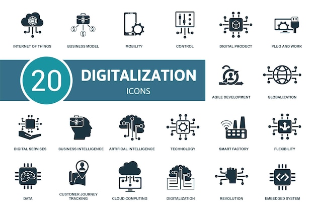 Vettore la raccolta di set di icone di digitalizzazione contiene servizi digitali