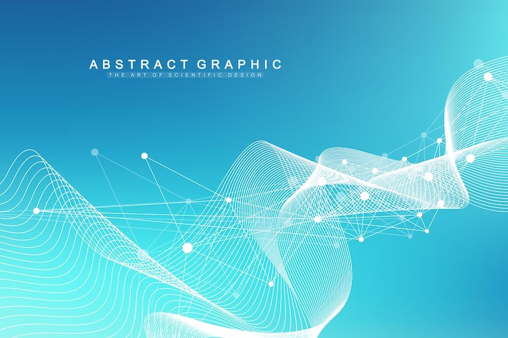 Vector 数字抽象背景与连接的线和点,波流. 数字神经网络. 网络和连接背景为您的演示. 图形多边形背景. 矢量插图.