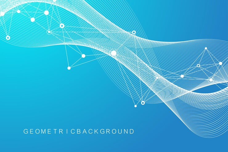 Vector 数字抽象背景与连接的线和点,波流. 数字神经网络. 网络和连接背景为您的演示. 图形多边形背景. 矢量插图.
