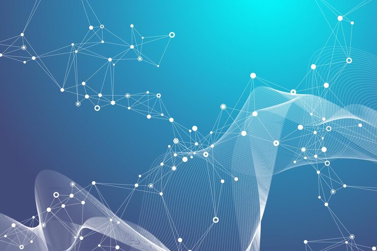 Vector 数字抽象背景与连接的线和点,波流. 数字神经网络. 网络和连接背景为您的演示. 图形多边形背景. 矢量插图.