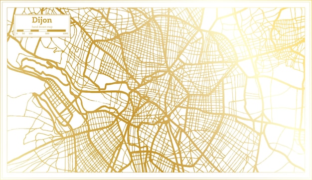 黄金色のアウトライン マップでレトロなスタイルのディジョン フランス都市マップ