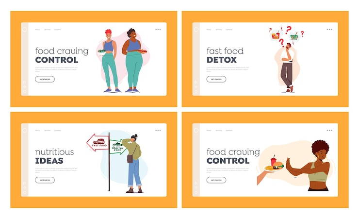Vector dilemma of nutritious choice landing page template set characters choosing between healthy and unhealthy foods