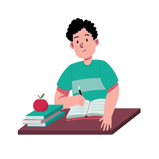 Diligent boy study and write a note for homework school education with happy and fun illustration