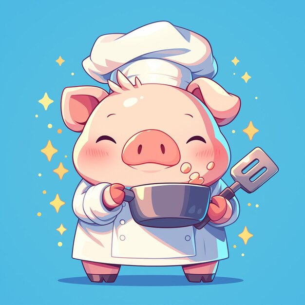 A diligent pig chef cartoon style