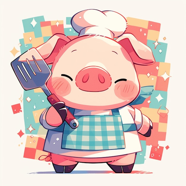 A diligent pig chef cartoon style