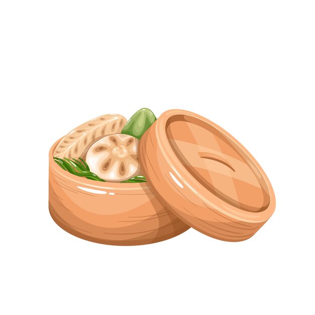 Dim Sum in bamboo steamer box. Chinese cuisine vector illustration.