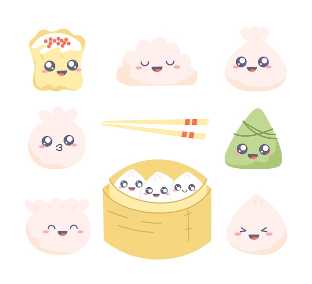 Vettore set di clipart dim sum. raccolta di disegni kawaii con graziosi gnocchi.