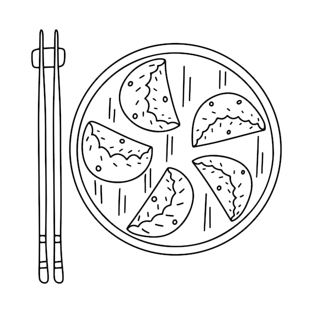 손으로 그린 낙서 스타일의 딤섬 아시아 음식 요소 흰색 배경 상위 뷰에 격리