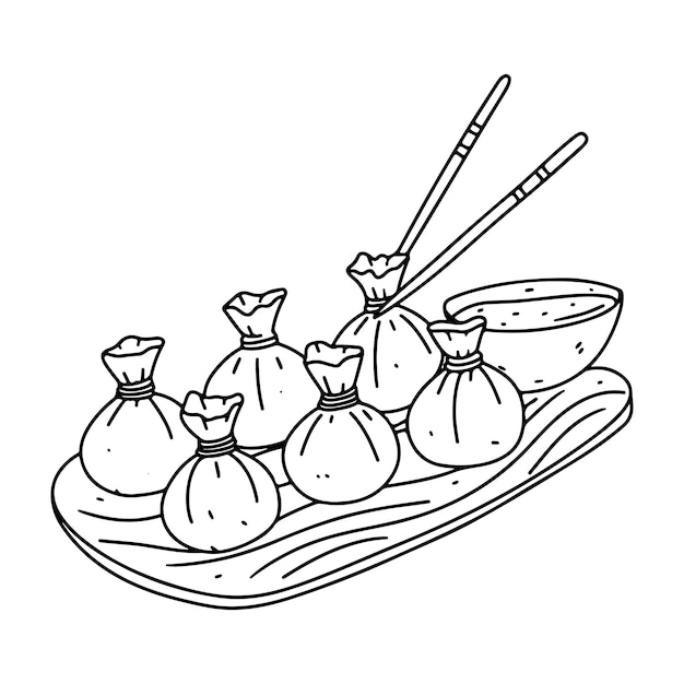 Dim sum in stile doodle disegnato a mano illustrazione vettoriale gnocchi cinesi con salsa su vassoio di legno