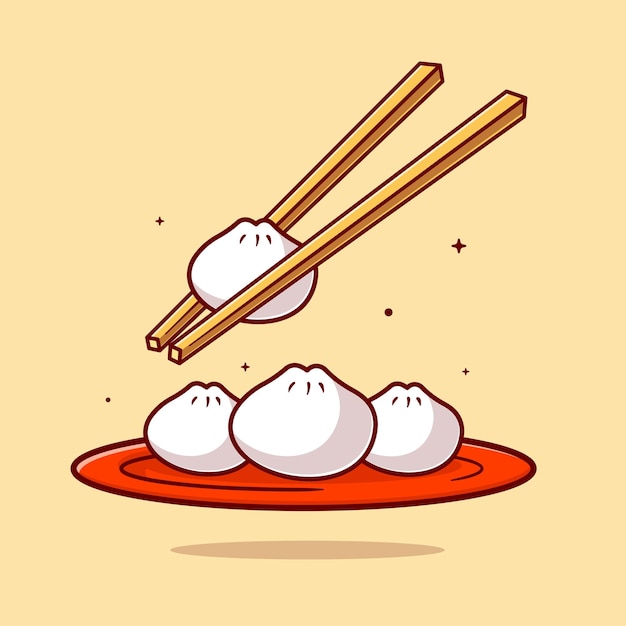 Dim Sum Op Plaat Met Chopstick Cartoon Vector Icon Illustratie. Voedsel Object Pictogram Concept Geïsoleerd