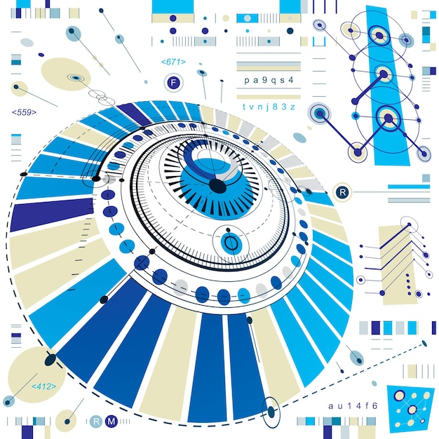 Dimensional abstract circular mechanical scheme, 3d technological pattern. Vector industrial and engineering background.