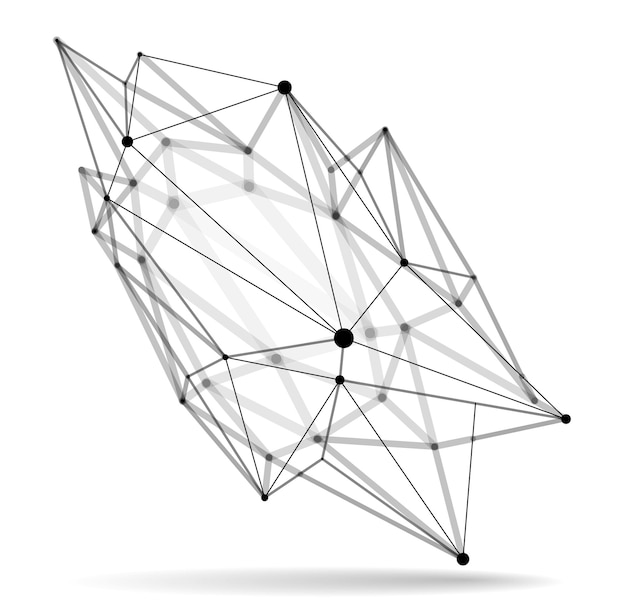 Astrazione dimensionale del vettore della maglia del reticolo, forma astratta del disegno poligonale 3d isolata sopra bianco, connessioni dinamiche digitali della scienza con le linee e i punti con la prospettiva.