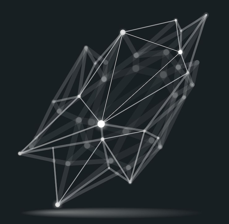 Vector dimensional lattice mesh vector abstraction, 3d polygonal design abstract shape, tech and science digital style dynamic connections with lines and dots, with realistic depth of field effect.