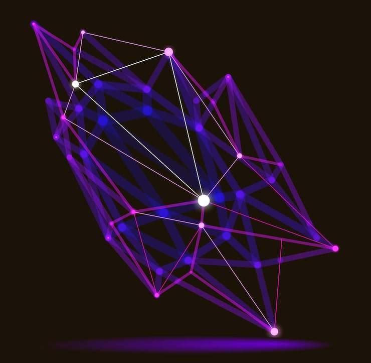 Vector dimensional lattice mesh vector abstraction, 3d polygonal design abstract shape, tech and science digital style dynamic connections with lines and dots, with realistic depth of field effect.