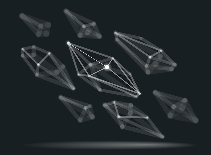 Vector dimensional lattice mesh vector abstraction, 3d polygonal design abstract shape, tech and science digital style dynamic connections with lines and dots, with realistic depth of field effect.