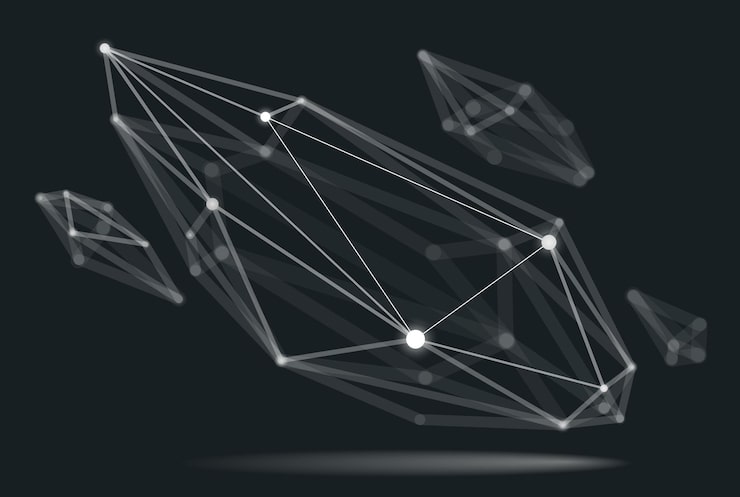 Vector dimensional lattice mesh vector abstraction, 3d polygonal design abstract shape, tech and science digital style dynamic connections with lines and dots, with realistic depth of field effect.