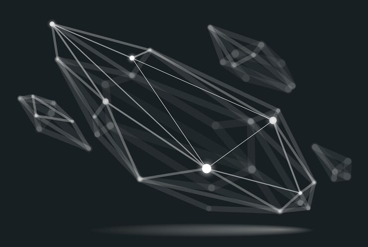 Vector 차원 격자 메쉬 벡터 추상화, 3d 다각형 디자인 추상 모양, 기술 및 과학 디지털 스타일의 동적 연결, 선과 점, 사실적인 필드 효과.