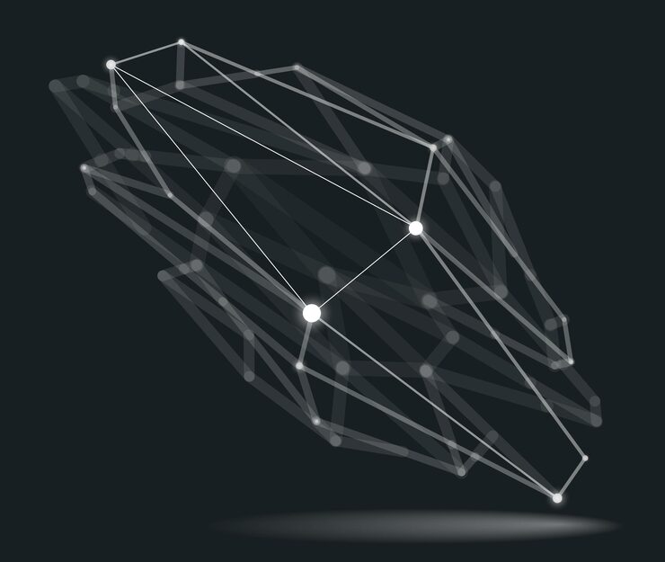 Vector 차원 격자 격자 터 추상화 3d 다각형 디자인 추상적인 모양 기술 및 과학 디지털 스타일 선과 점과 현실적인 필드 깊이 효과의 역동적인 연결