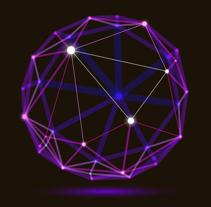 Вектор абстракция вектора размерной сетки сетки, абстрактная сфера трехмерного многоугольного дизайна, динамические соединения в цифровом стиле технологий и науки с линиями и точками, с реалистичным эффектом глубины резкости.