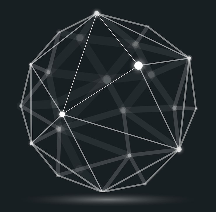Vector dimensional lattice mesh vector abstraction, 3d polygonal design abstract sphere, tech and science digital style dynamic connections with lines and dots, with realistic depth of field effect.