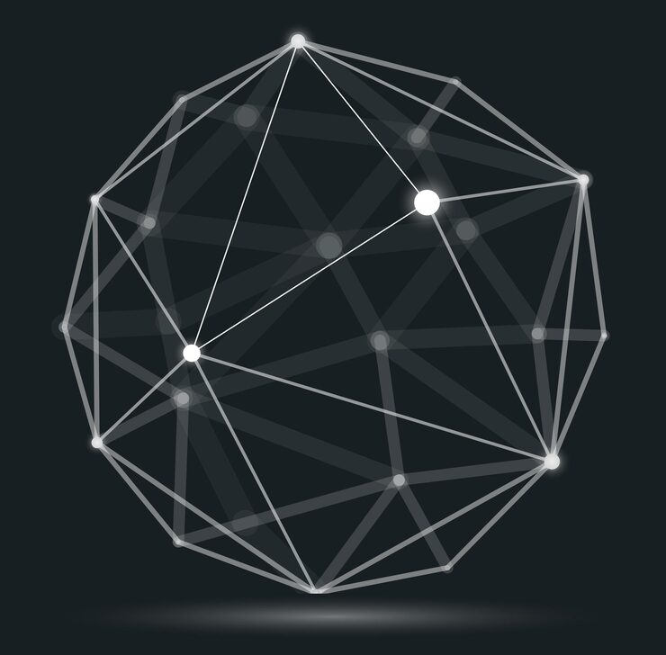 Вектор абстракция вектора размерной сетки сетки, абстрактная сфера трехмерного многоугольного дизайна, динамические соединения в цифровом стиле технологий и науки с линиями и точками, с реалистичным эффектом глубины резкости.