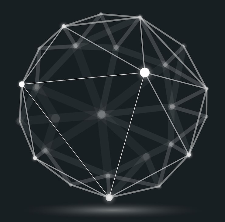 Vector dimensional lattice mesh vector abstraction, 3d polygonal design abstract sphere, tech and science digital style dynamic connections with lines and dots, with realistic depth of field effect.