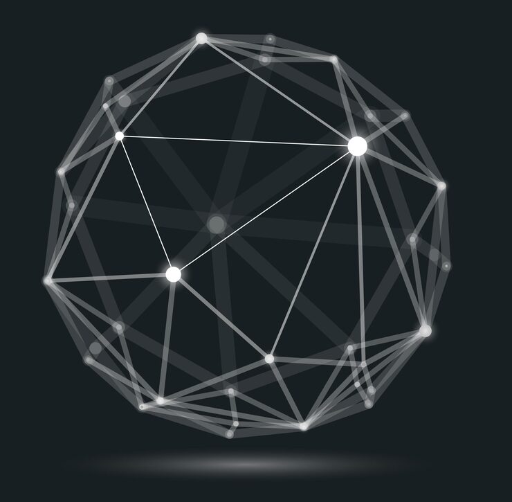 Вектор абстракция вектора размерной сетки сетки, абстрактная сфера трехмерного многоугольного дизайна, динамические соединения в цифровом стиле технологий и науки с линиями и точками, с реалистичным эффектом глубины резкости.