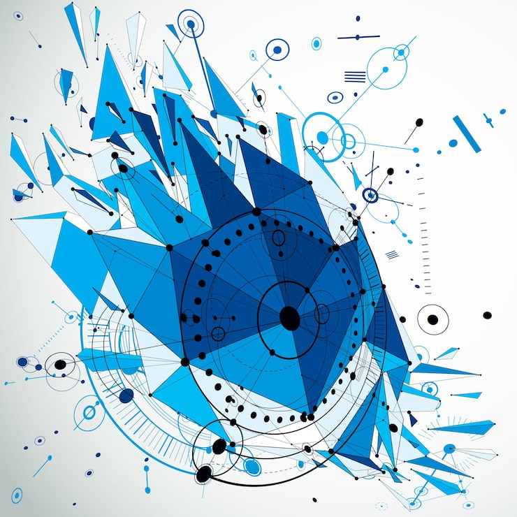 Vector 차원 기계 체계, 원과 연결된 선으로 만든 파란색 미래 벡터 엔지니어링 도면. 파편이 있는 낮은 폴리 개체를 사용하여 만든 3d 사이버네틱 기술 배경.