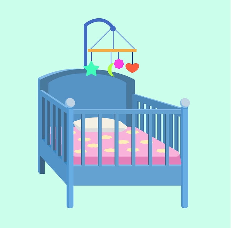 वेक्टर dimetric perspectiveblue baby crib vector with colorfull bed