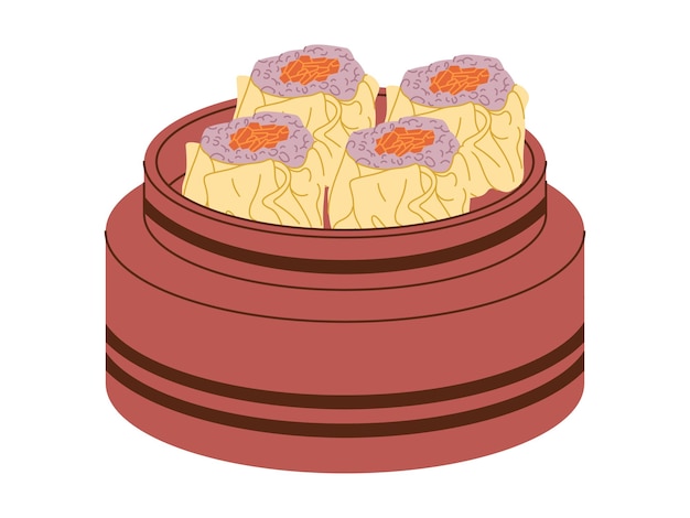 Вектор Димсум - традиционная пища из фарфора, приготовленная из мяса и упакованная в пельмени.