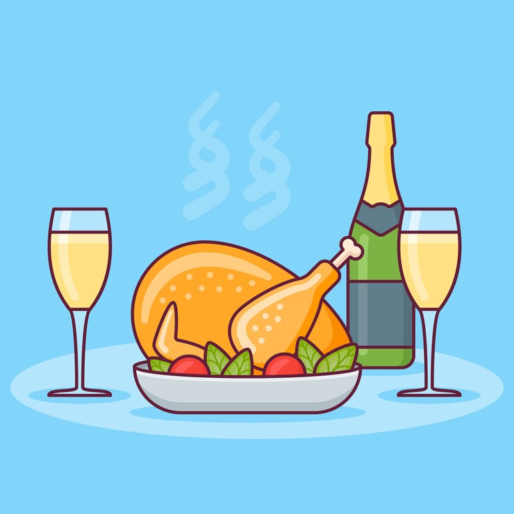 diner met gebraden kip, fles en glazen champagne. Platte lijn ontwerp.