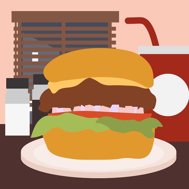 diner view of burger paper cup in flat illustration