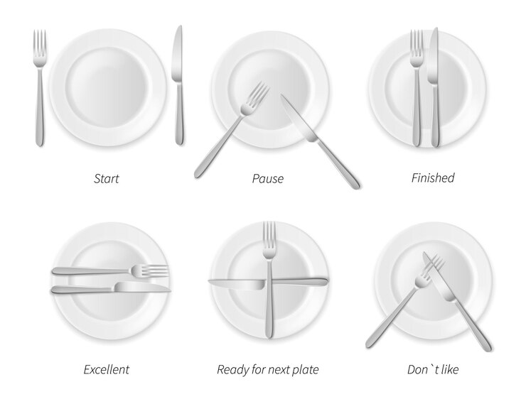 Vector dining etiquette. white porcelain plates with silverware, restaurant and cafes rules, top view cutlery positions set, forks and knives signals, signs to waiter. vector concept realistic isolated icons