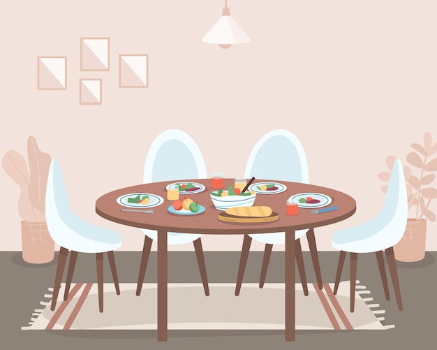 Vector dining room flat color vector illustration