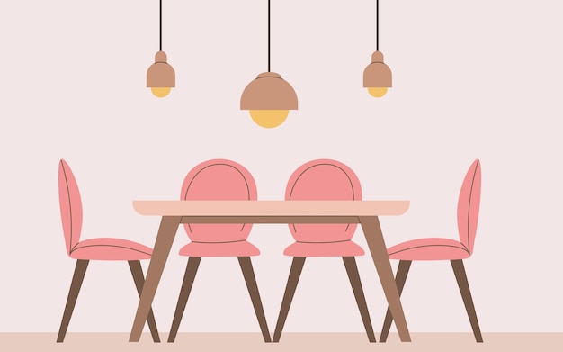 A dining room table with pink chairs and lamps