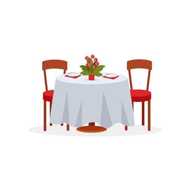 Вектор Обеденный стол и стулья для двоих романтический ужин для влюбленной пары векторные иллюстрации на белом фоне