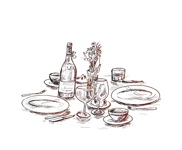 Dining table for date with glasses of wine hand drawn sketch vector illustration