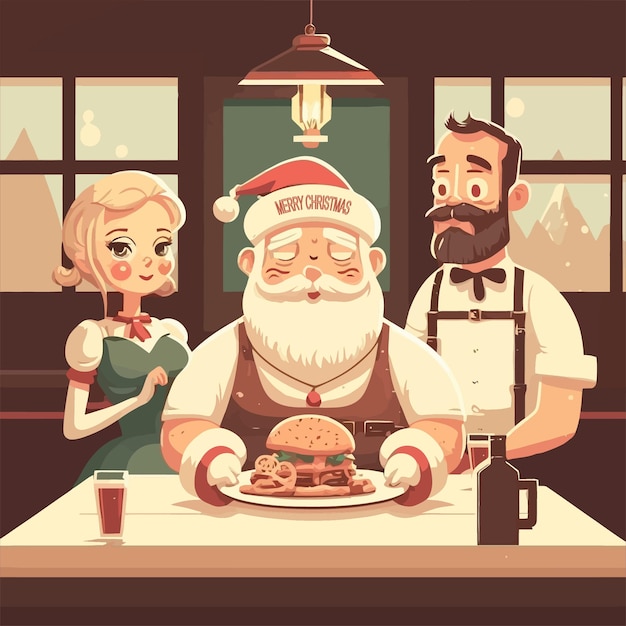 Dinner in christmas eve background santa claus with woman and man illustration