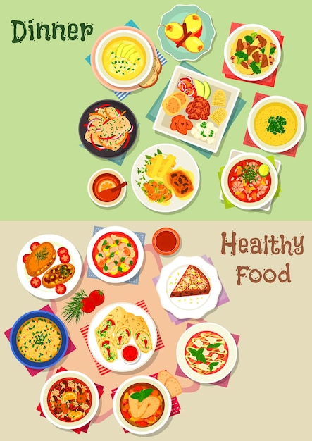 Vector dinner icon set for healthy food theme design