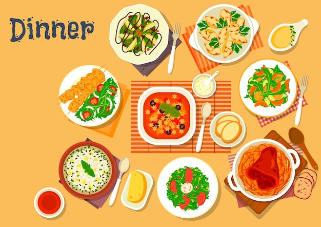 Dinner icon with dishes of italian german cuisine