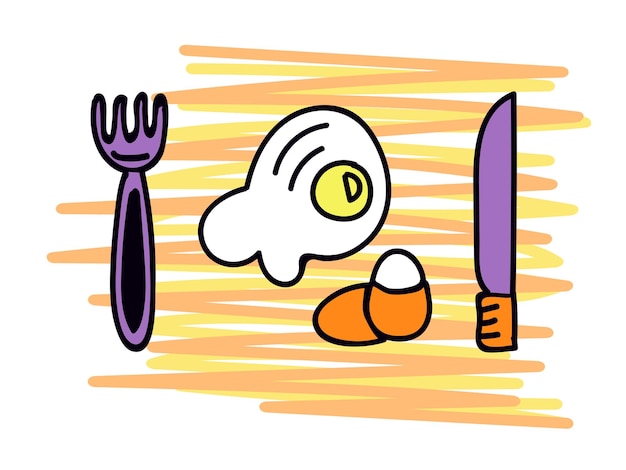 Dinner. Illustration includes eggs, fork and knife