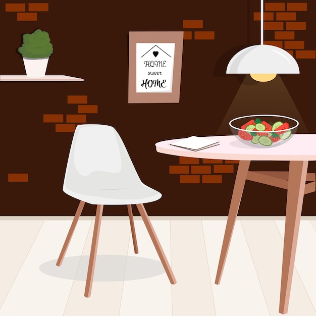 Dinner room moder design Kitchen closeup coner The concept of the evening meal easy dinner diet A table with a book a salad and a chair next to it Vector illustration