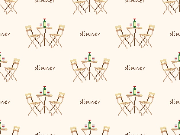 Dinner table seamless pattern on brown background Pixel style